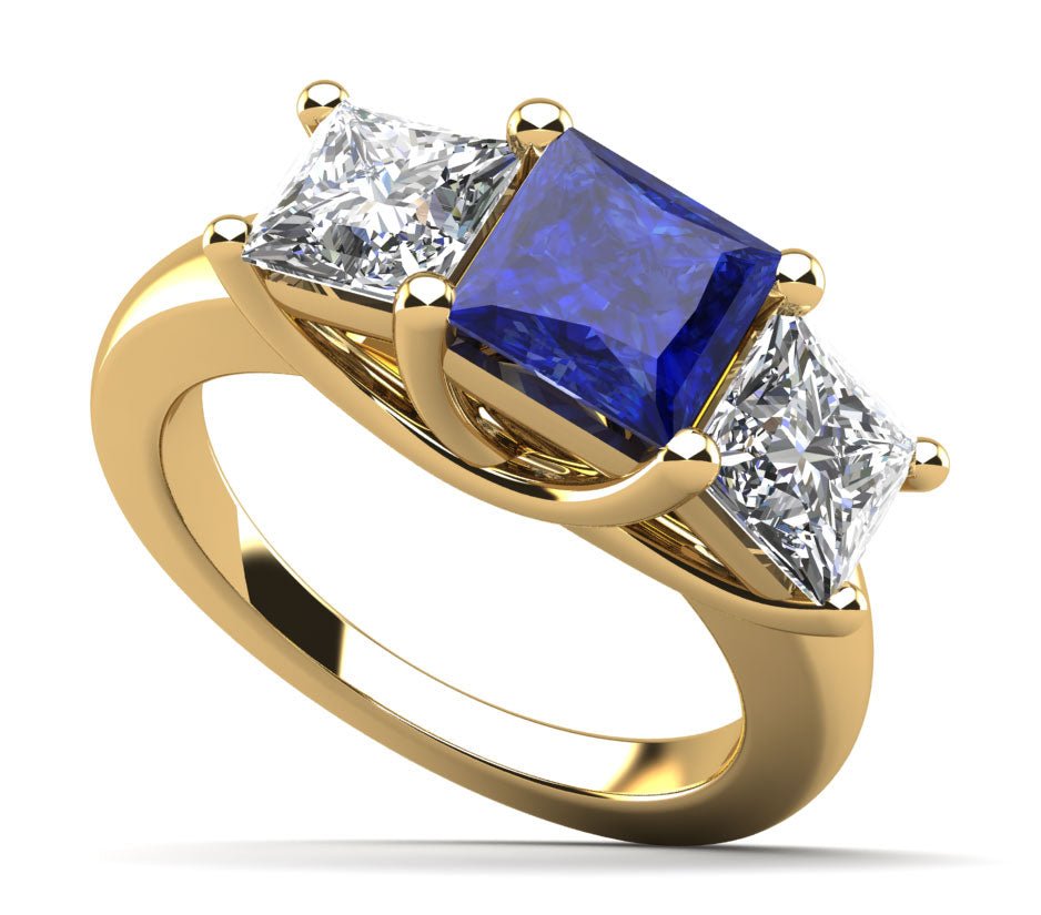 Princess Cut Swirl Three Stone Diamond Ring with 4.00 ct.(finished) 5.5mm, 7mm Sapphire - Luxury Time NYC