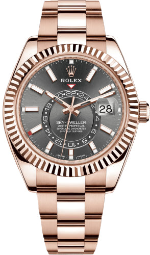 Rolex Sky-Dweller Rose Gold Dark Rhodium Index Dial Fluted Bezel Oyster Bracelet 326935