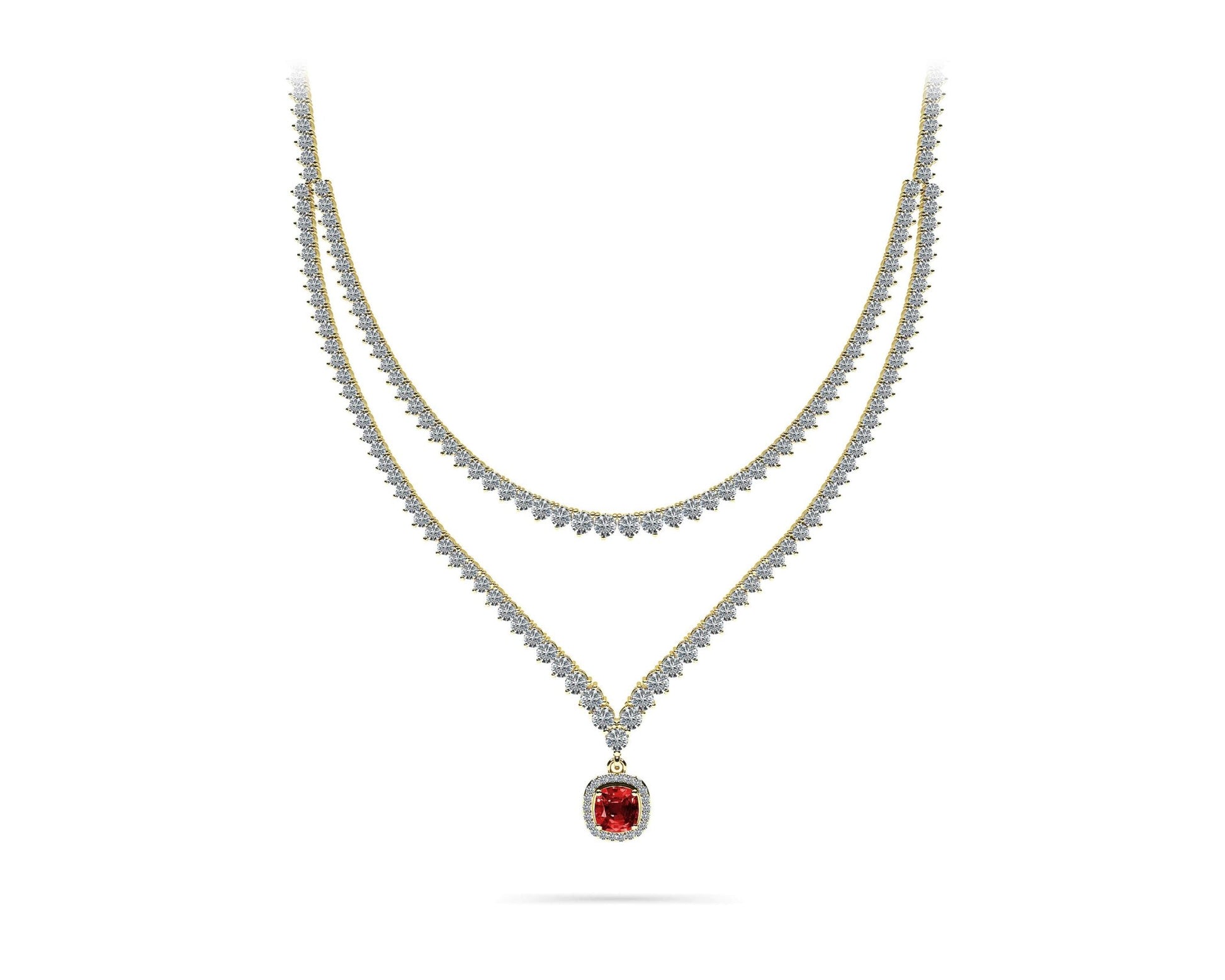Ravishing Cushion Cut 2 Row 3 Prong Diamond Necklace with 16.10 ct.(finished) Ruby - Luxury Time NYC