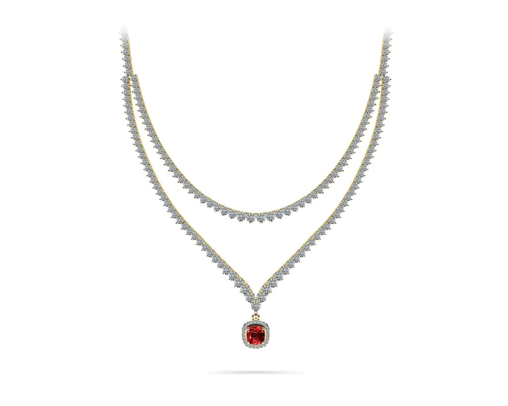 Ravishing Cushion Cut 2 Row 3 Prong Diamond Necklace with 16.10 ct.(finished) Ruby - Luxury Time NYC