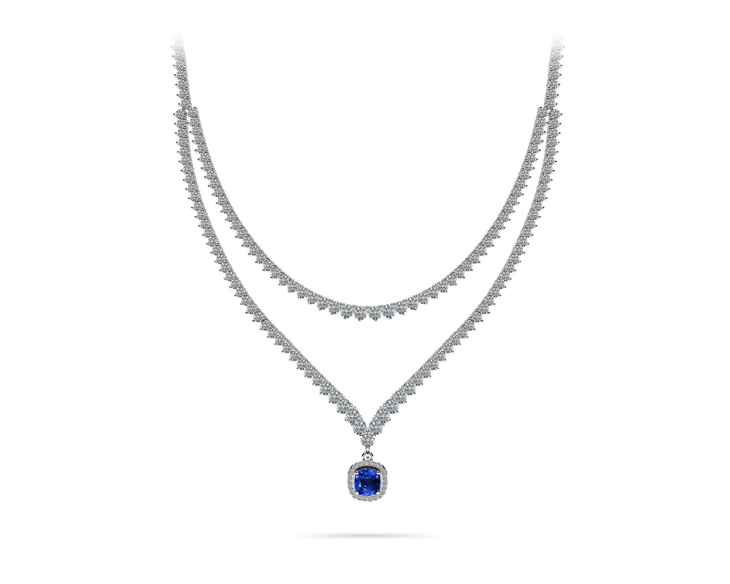 Ravishing Cushion Cut 2 Row 3 Prong Lab - Grown Diamond Necklace with 16.10 ct.(finished) Sapphire - Luxury Time NYC