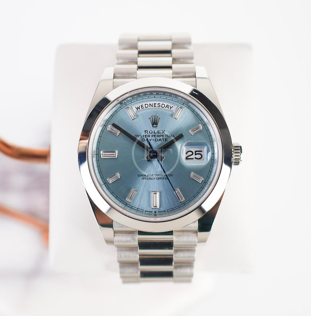 Rolex 950 Platinum Day - Date 40 Watch - Smooth Bezel - Ice Blue Baguette Diamond Dial - President Bracelet - 228206 ibbdp - Luxury Time NYC