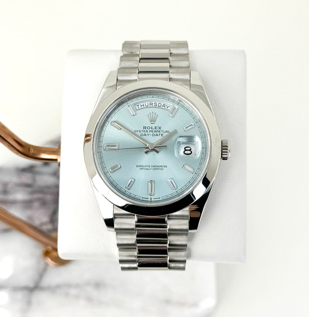 Rolex 950 Platinum Day-Date 40 Watch - Smooth Bezel - Ice Blue Baguette Diamond Dial - President Bracelet - 228206 ibbdp - Luxury Time NYC