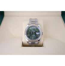 Load image into Gallery viewer, Rolex 950 Platinum Day - Date 40 Watch - Smooth Bezel - Olive Green Bevelled Roman Dial - President Bracelet - 228206 ogrp - Luxury Time NYC