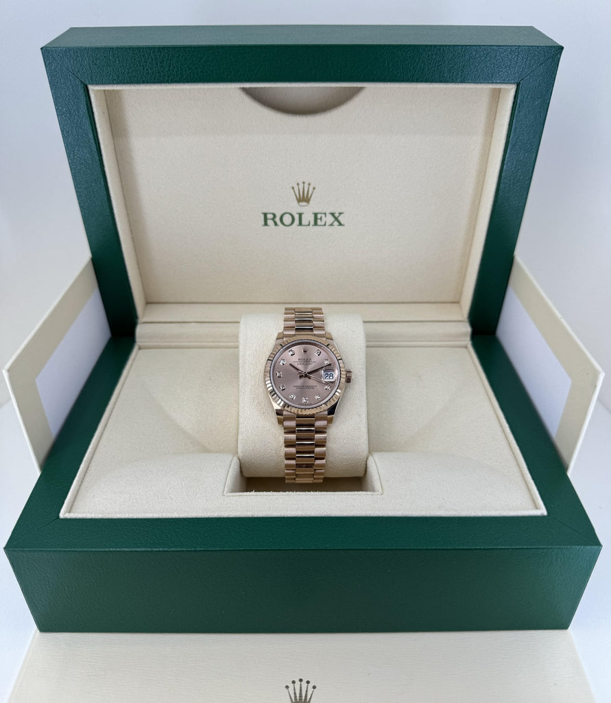 Rolex Datejust 31 Lady Midsize Rose Gold Chocolate Diamond Dial & Fluted Bezel President Bracelet 278275 - Luxury Time NYC