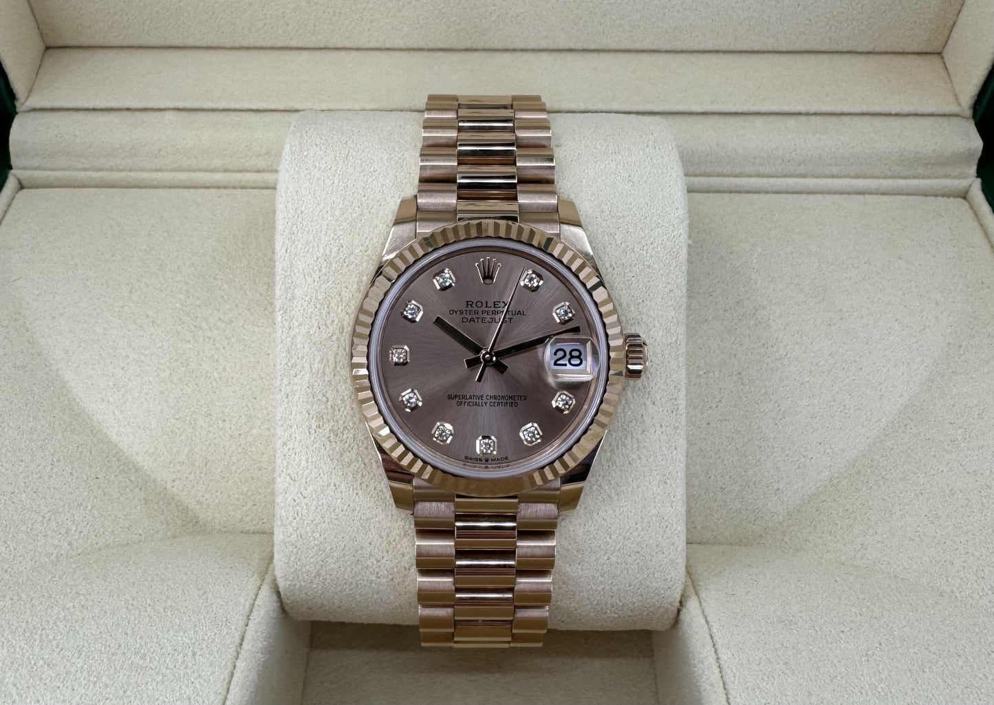 Rolex Datejust 31 Lady Midsize Rose Gold Chocolate Diamond Dial & Fluted Bezel President Bracelet 278275 - Luxury Time NYC
