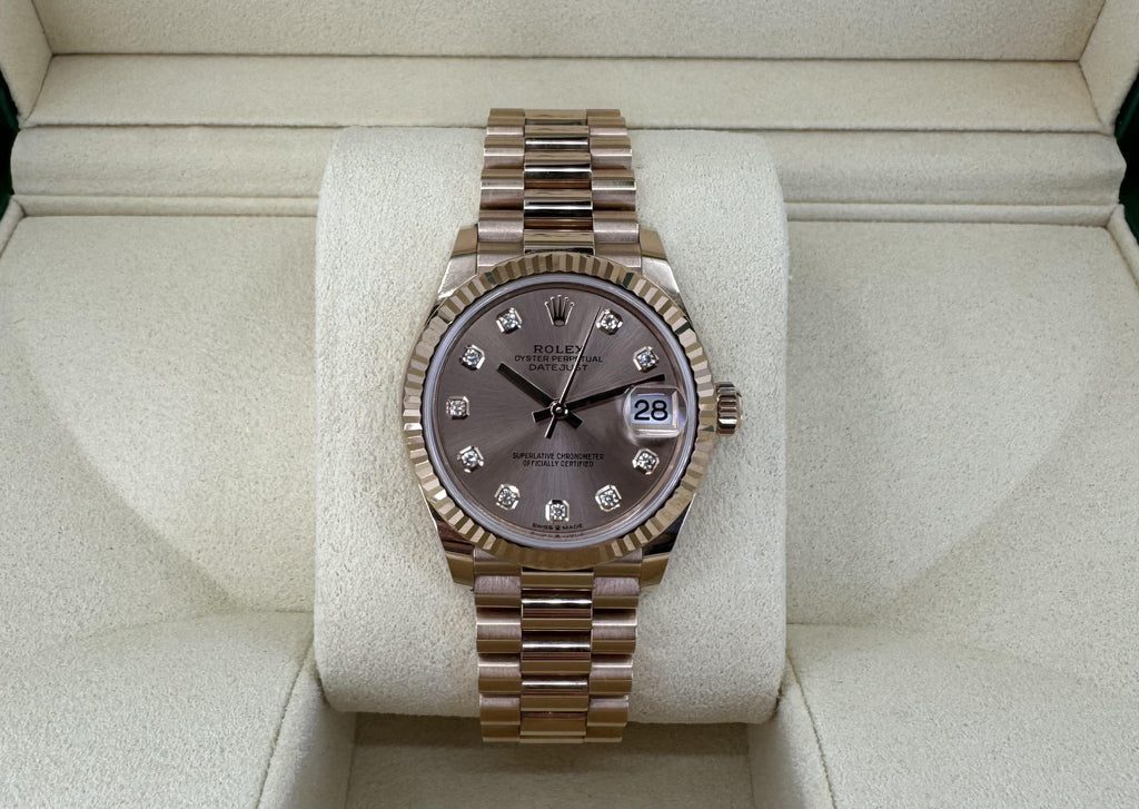 Rolex Datejust 31 Lady Midsize Rose Gold Chocolate Diamond Dial & Fluted Bezel President Bracelet 278275 - Luxury Time NYC
