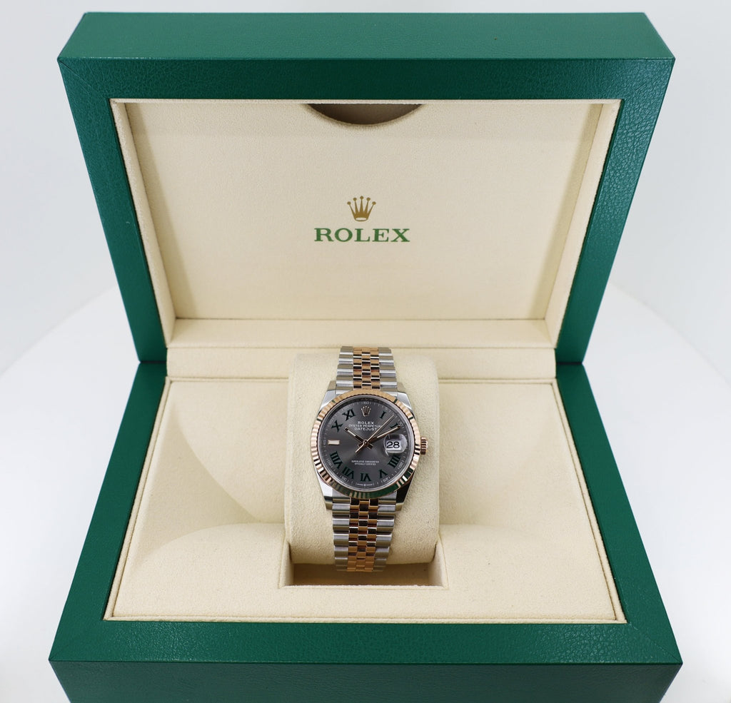 Rolex Datejust 36 Rose Gold/Steel "Wimbledon" Slate Roman Dial & Fluted Bezel Jubilee Bracelet 126231 - Luxury Time NYC