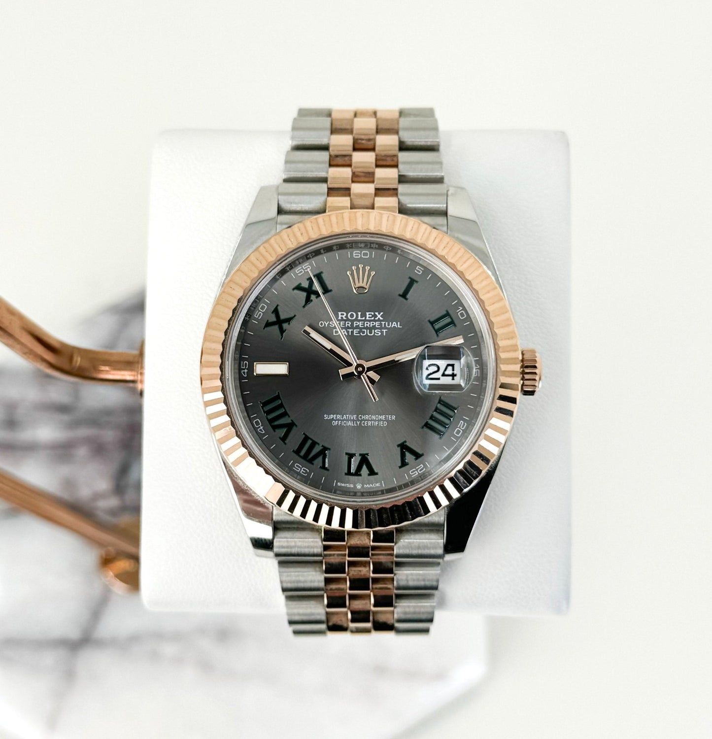 Rolex Datejust 36 Rose Gold/Steel "Wimbledon" Slate Roman Dial & Fluted Bezel Jubilee Bracelet 126231 - Luxury Time NYC