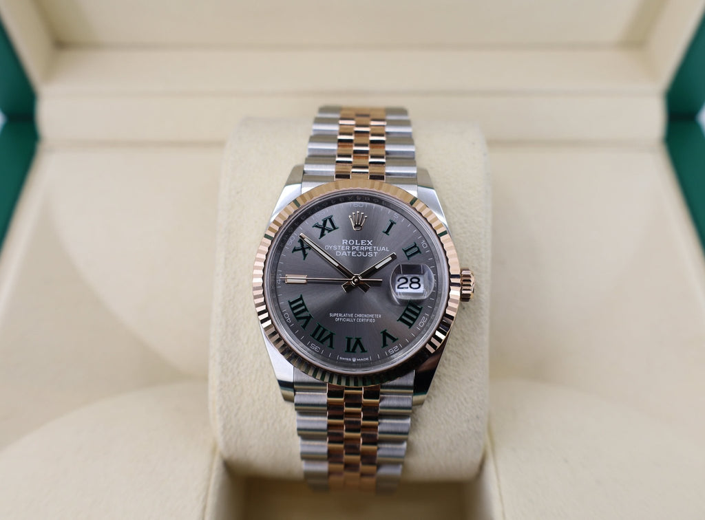 Rolex Datejust 36 Rose Gold/Steel "Wimbledon" Slate Roman Dial & Fluted Bezel Jubilee Bracelet 126231 - Luxury Time NYC