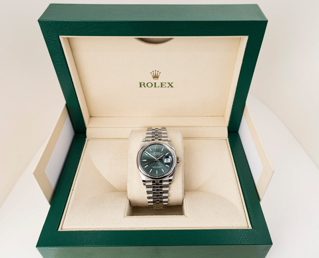Rolex Datejust 36 Stainless Steel Mint Green Index Dial & Smooth Domed Bezel Jubilee Bracelet 126200 - Luxury Time NYC