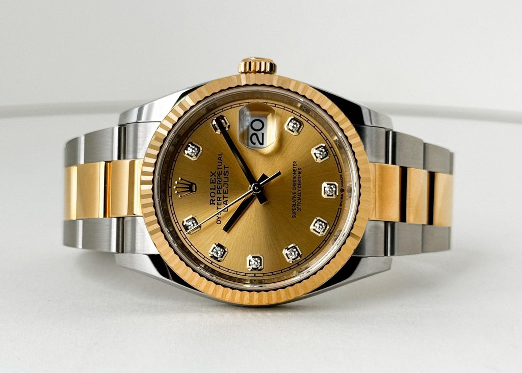 Rolex Datejust 36 Yellow Gold/Steel Champagne Diamond Dial & Fluted Bezel Oyster Bracelet 126233 - Luxury Time NYC
