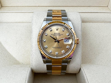 Rolex Datejust 36 Yellow Gold/Steel Champagne Diamond Dial & Fluted Bezel Oyster Bracelet 126233 - Luxury Time NYC