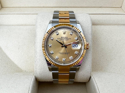 Rolex Datejust 36 Yellow Gold/Steel Champagne Diamond Dial & Fluted Bezel Oyster Bracelet 126233 - Luxury Time NYC