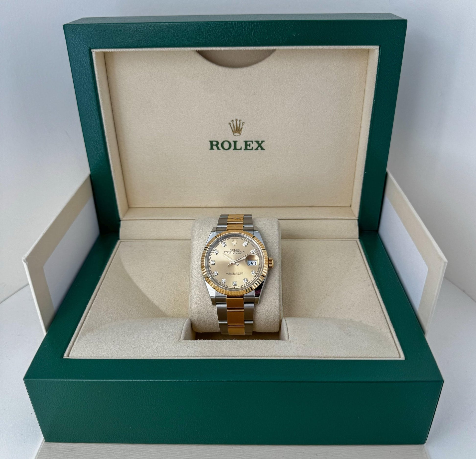 Rolex Datejust 36 Yellow Gold/Steel Champagne Diamond Dial & Fluted Bezel Oyster Bracelet 126233 - Luxury Time NYC