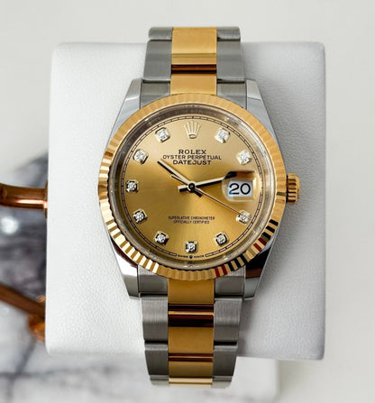 Rolex Datejust 36 Yellow Gold/Steel Champagne Diamond Dial & Fluted Bezel Oyster Bracelet 126233 - Luxury Time NYC
