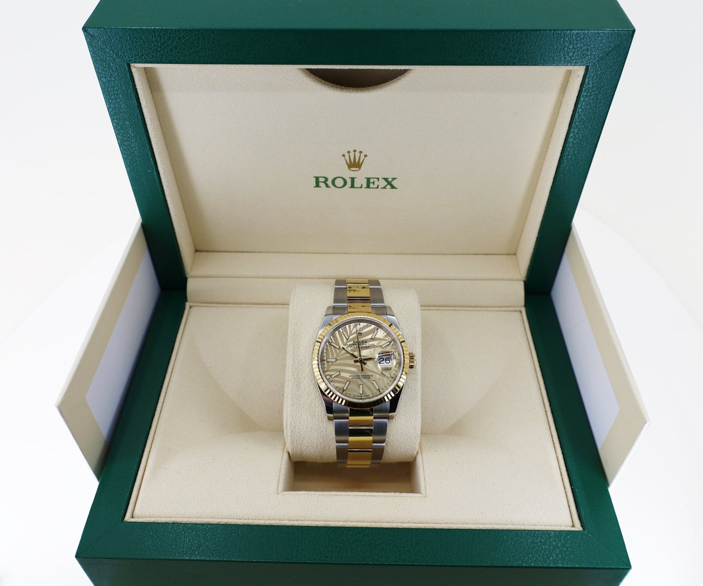 Rolex Datejust 36 Yellow Gold/Steel Golden Palm Motif Index Dial Fluted Bezel Oyster Bracelet 126233 - Luxury Time NYC