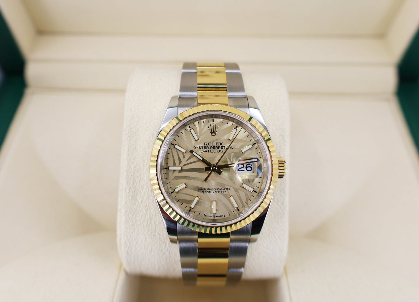 Rolex Datejust 36 Yellow Gold/Steel Golden Palm Motif Index Dial Fluted Bezel Oyster Bracelet 126233 - Luxury Time NYC