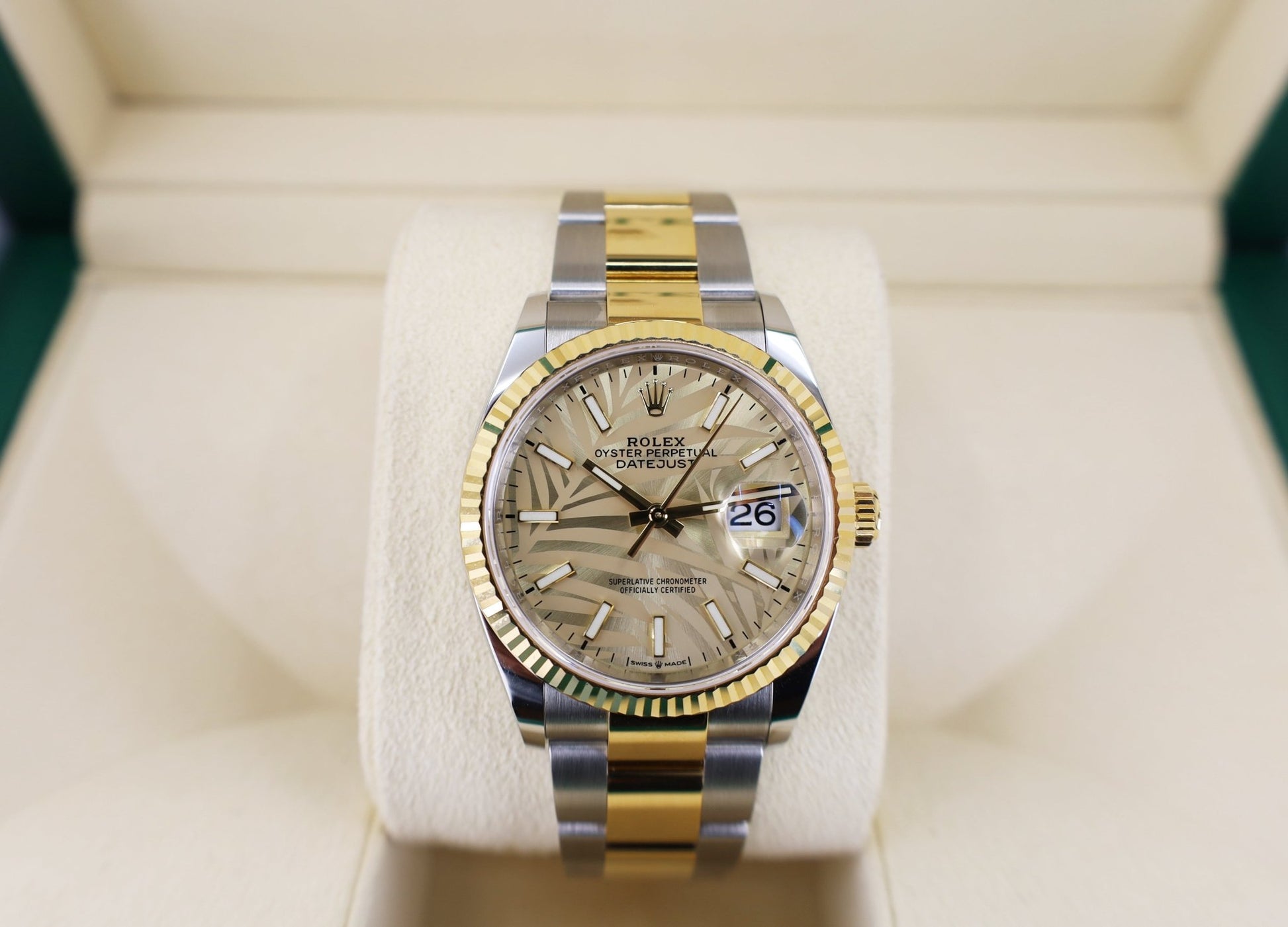 Rolex Datejust 36 Yellow Gold/Steel Golden Palm Motif Index Dial Fluted Bezel Oyster Bracelet 126233 - Luxury Time NYC