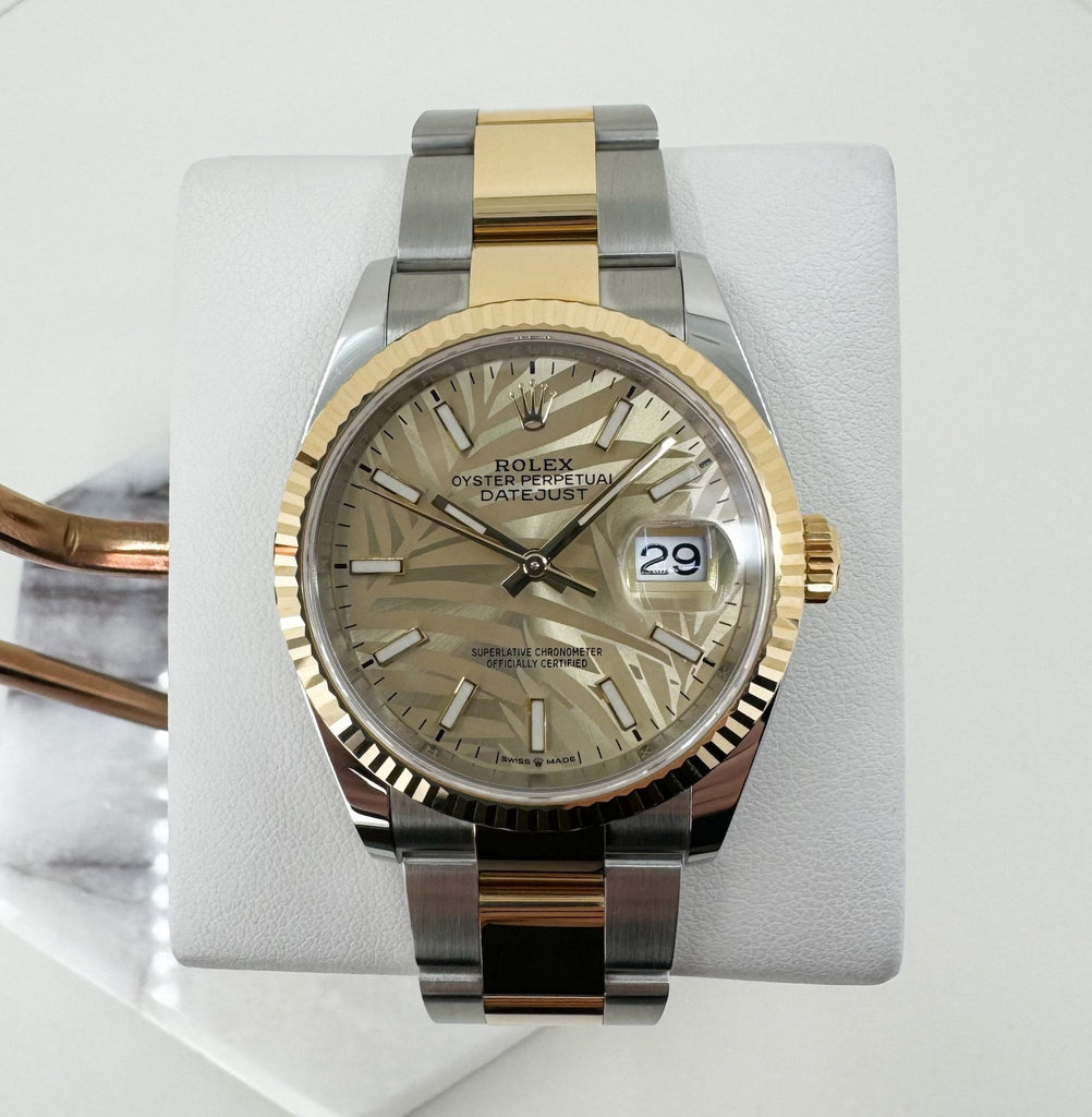 Rolex Datejust 36 Yellow Gold/Steel Golden Palm Motif Index Dial Fluted Bezel Oyster Bracelet 126233 - Luxury Time NYC
