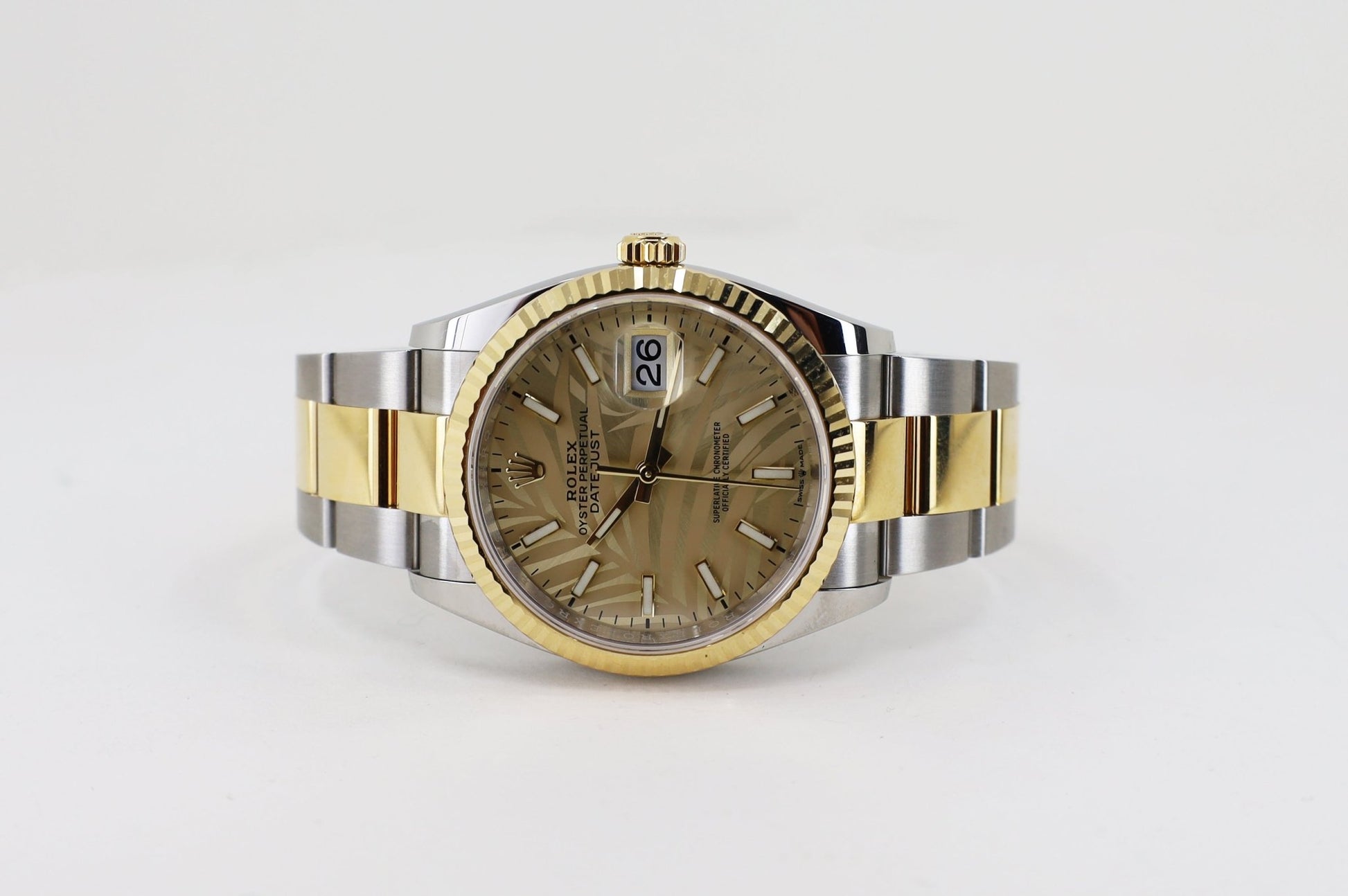 Rolex Datejust 36 Yellow Gold/Steel Golden Palm Motif Index Dial Fluted Bezel Oyster Bracelet 126233 - Luxury Time NYC