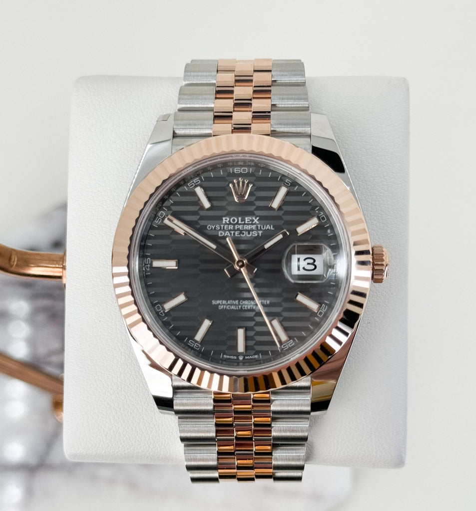 Rolex Datejust 41 Rose Gold/Steel Slate Motif Dial Fluted Bezel Jubilee Bracelet 126331 - Luxury Time NYC