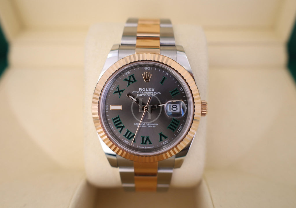 Rolex Datejust 41 Rose Gold/Steel Slate Roman Dial Fluted Bezel Oyster Bracelet 126331 - Luxury Time NYC