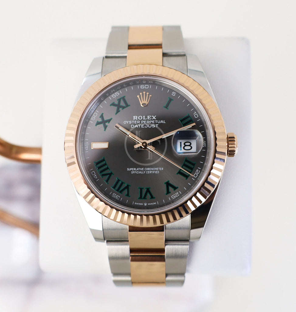 Rolex Datejust 41 Rose Gold/Steel Slate Roman Dial Fluted Bezel Oyster Bracelet 126331 - Luxury Time NYC