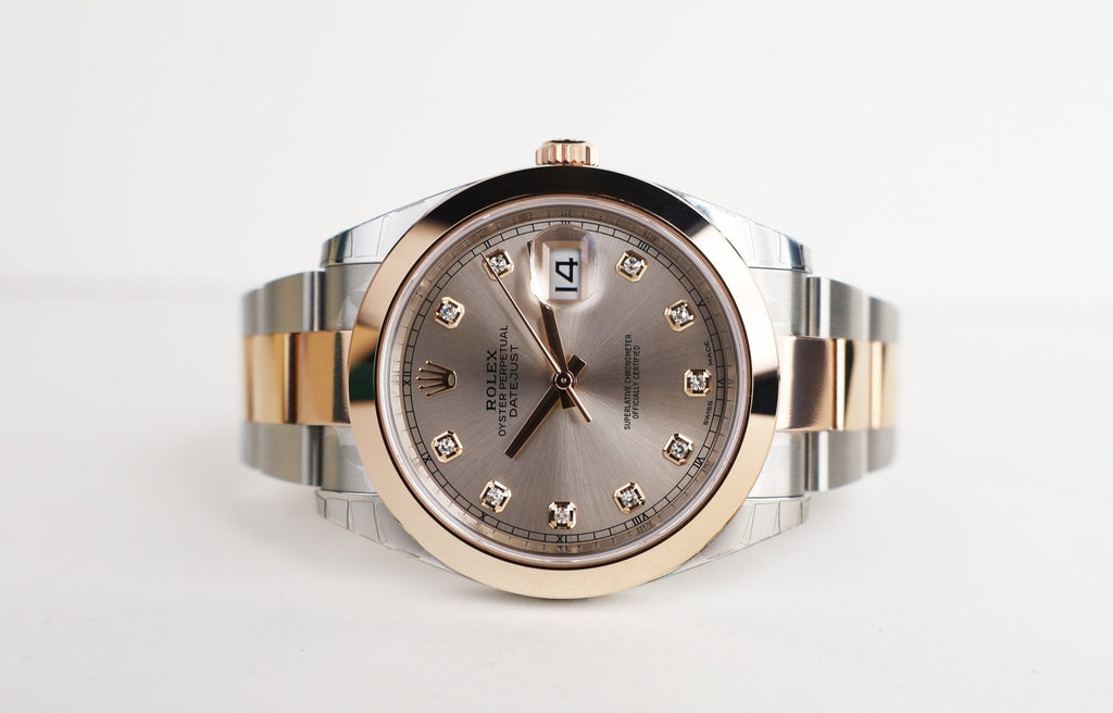 Rolex Datejust 41 Rose Gold/Steel Sundust Diamond Dial Smooth Bezel Oyster Bracelet 126301 - Luxury Time NYC