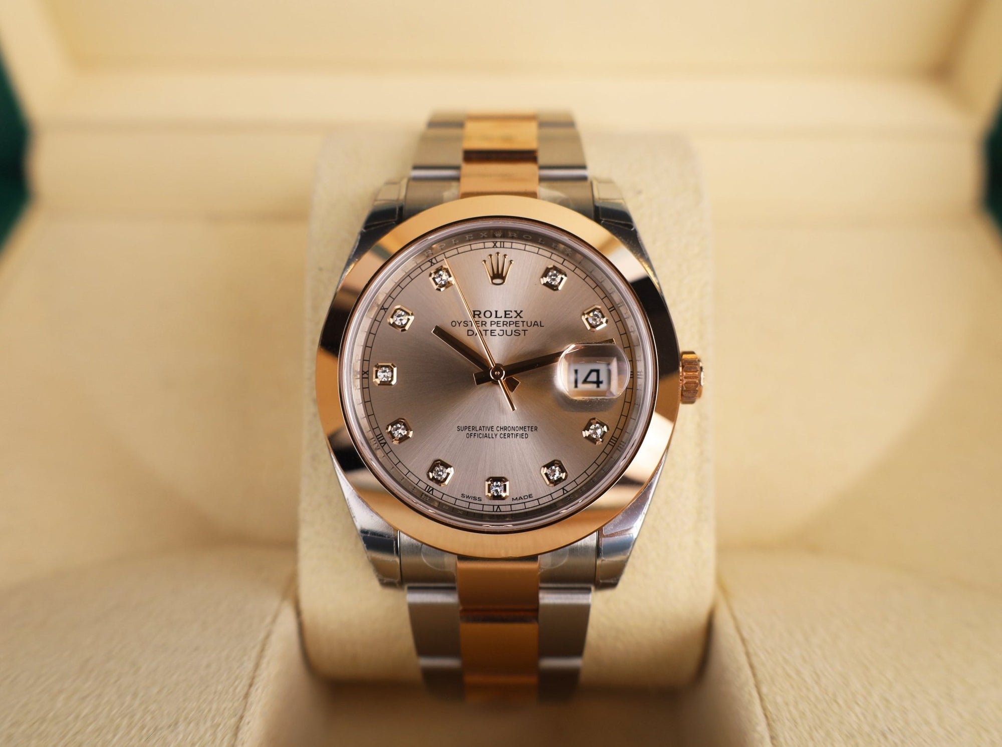 Rolex Datejust 41 Rose Gold/Steel Sundust Diamond Dial Smooth Bezel Oyster Bracelet 126301 - Luxury Time NYC