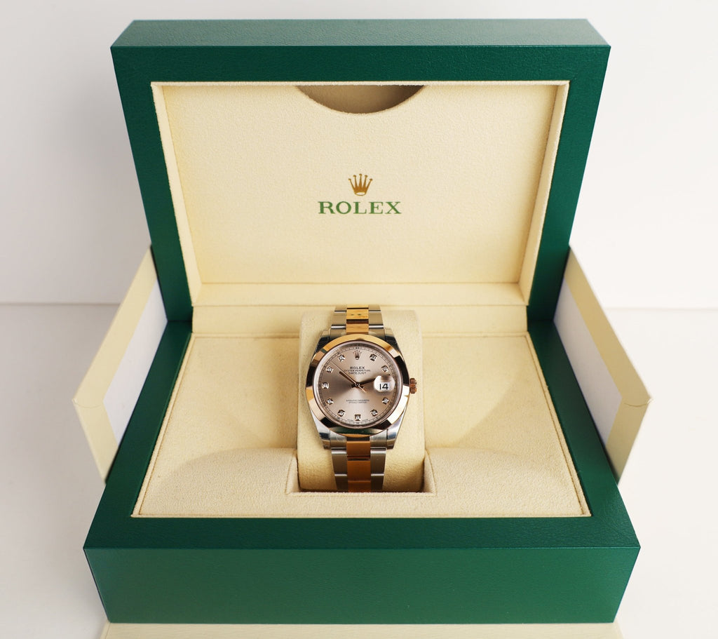 Rolex Datejust 41 Rose Gold/Steel Sundust Diamond Dial Smooth Bezel Oyster Bracelet 126301 - Luxury Time NYC