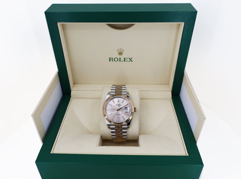 Rolex Datejust 41 Rose Gold/Steel Sundust Index Dial Fluted Bezel Jubilee Bracelet 126331 - Luxury Time NYC