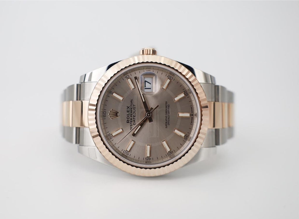 Rolex Datejust 41 Rose Gold/Steel Sundust Index Dial Fluted Bezel Jubilee Bracelet 126331 - Luxury Time NYC