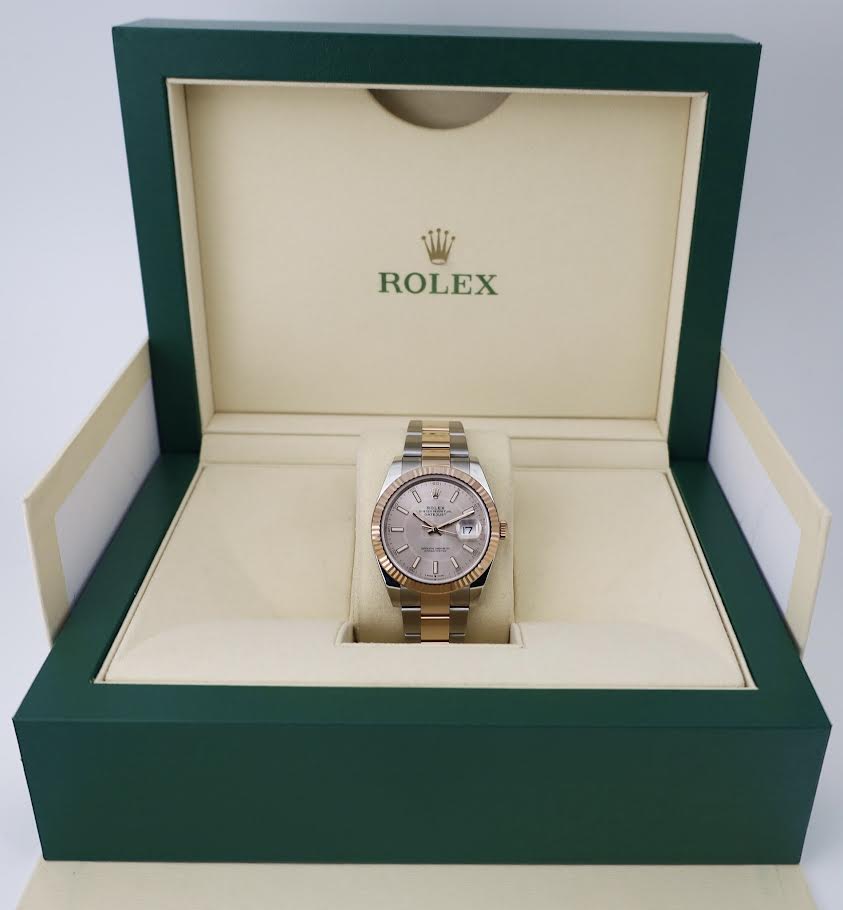 Rolex Datejust 41 Rose Gold/Steel Sundust Index Dial Fluted Bezel Jubilee Bracelet 126331 - Luxury Time NYC