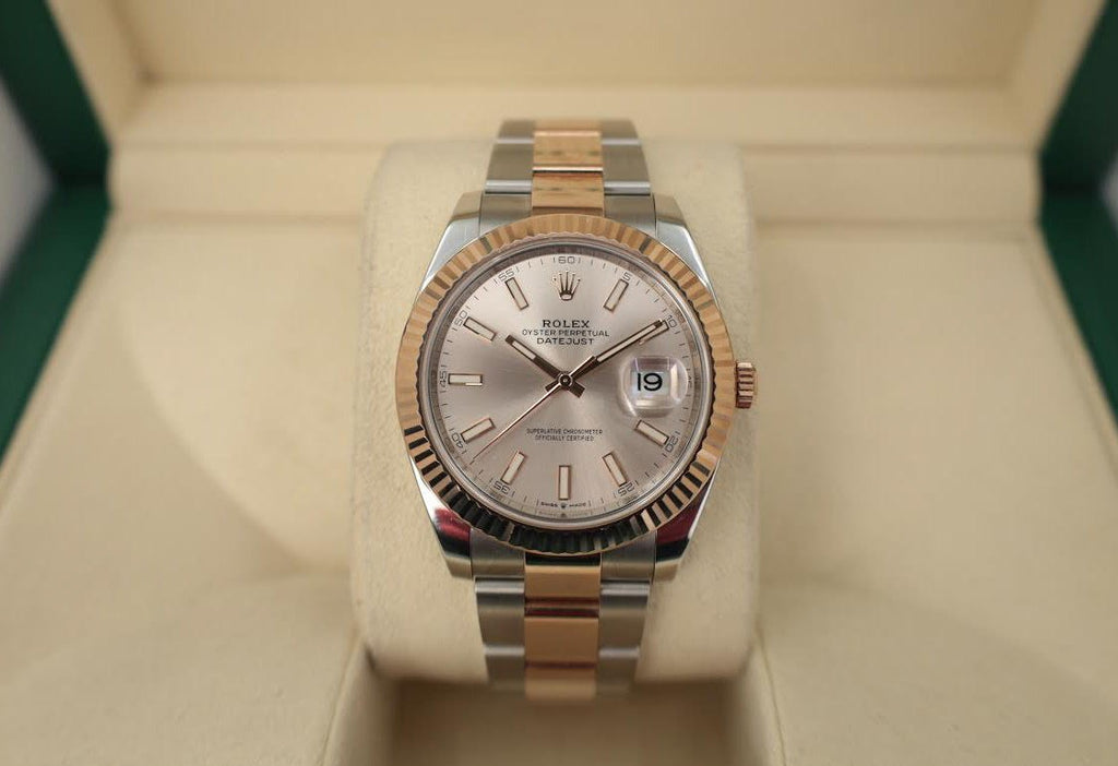 Rolex Datejust 41 Rose Gold/Steel Sundust Index Dial Fluted Bezel Oyster Bracelet 126331 - Luxury Time NYC