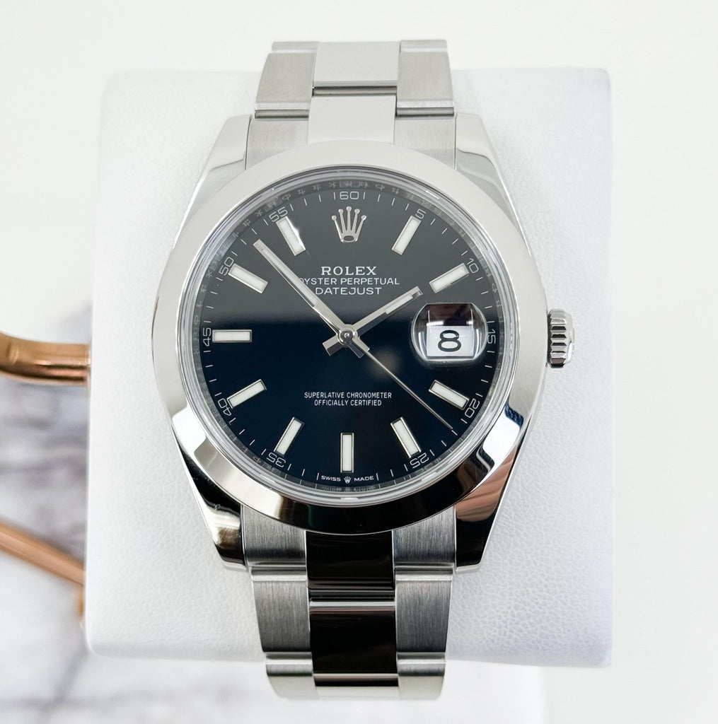 Rolex Datejust 41 Stainless Steel Black Index Dial Smooth Bezel Oyster Bracelet 126300 - Luxury Time NYC