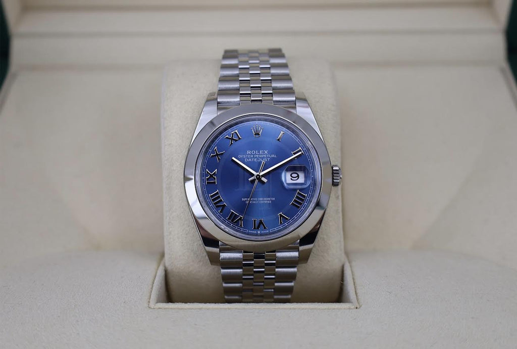 Rolex Datejust 41 Stainless Steel Blue Roman Dial Smooth Bezel Jubilee Bracelet 126300 - Luxury Time NYC