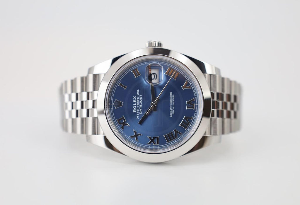 Rolex Datejust 41 Stainless Steel Blue Roman Dial Smooth Bezel Jubilee Bracelet 126300 - Luxury Time NYC