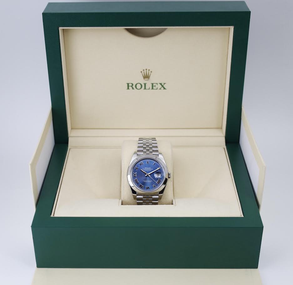 Rolex Datejust 41 Stainless Steel Blue Roman Dial Smooth Bezel Jubilee Bracelet 126300 - Luxury Time NYC