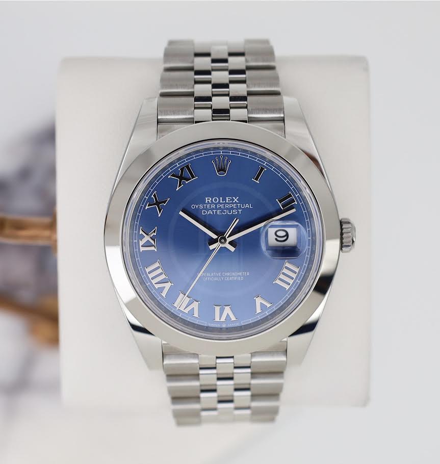 Rolex Datejust 41 Stainless Steel Blue Roman Dial Smooth Bezel Jubilee Bracelet 126300 - Luxury Time NYC