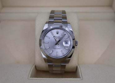 Rolex Datejust 41 Stainless Steel Silver Index Dial Smooth Bezel Oyster Bracelet 126300 - Luxury Time NYC