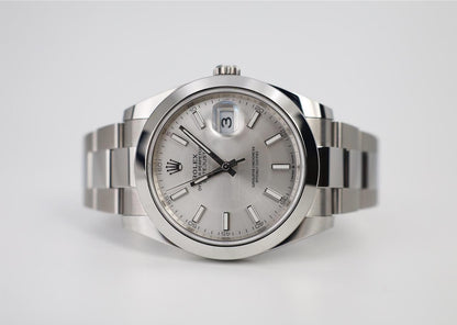 Rolex Datejust 41 Stainless Steel Silver Index Dial Smooth Bezel Oyster Bracelet 126300 - Luxury Time NYC