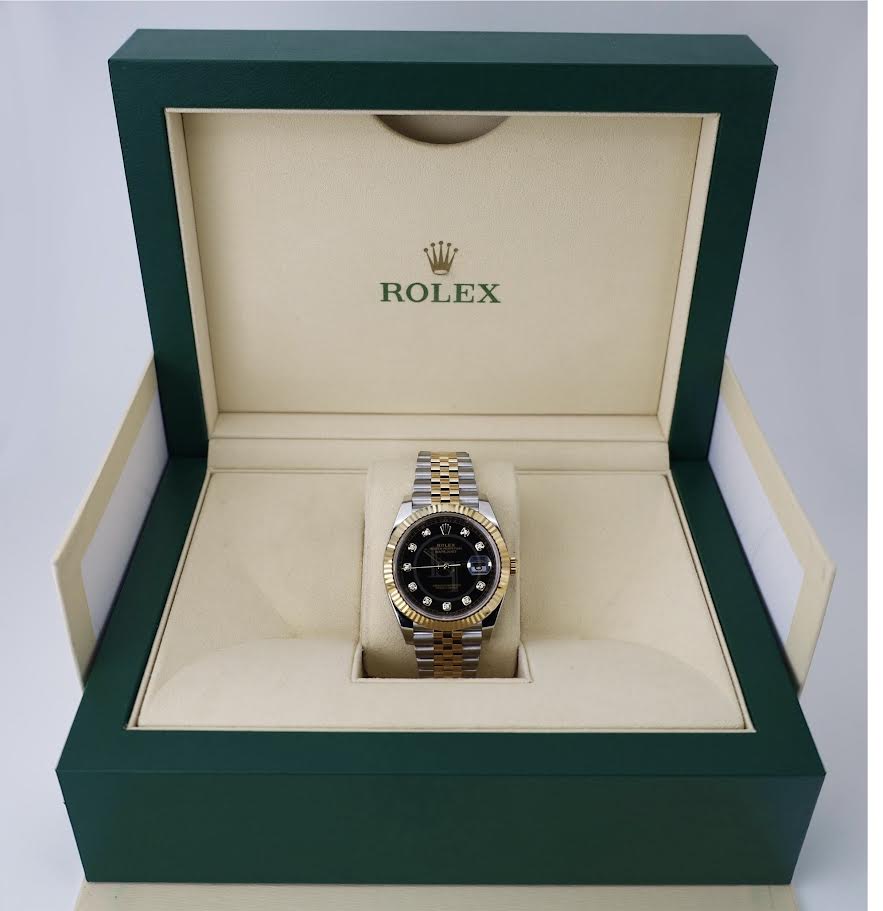 Rolex Datejust 41 Yellow Gold/Steel Black Diamond Dial Fluted Bezel Jubilee Bracelet 126333 - Luxury Time NYC