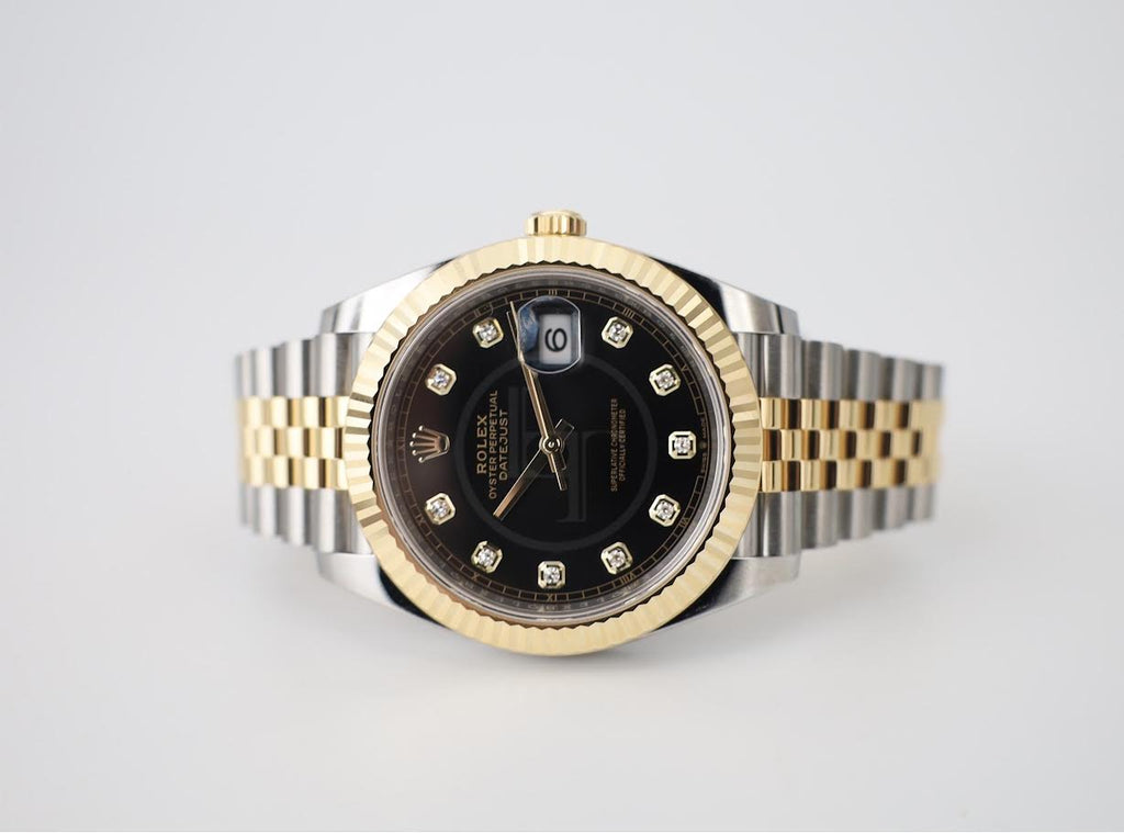 Rolex Datejust 41 Yellow Gold/Steel Black Diamond Dial Fluted Bezel Jubilee Bracelet 126333 - Luxury Time NYC