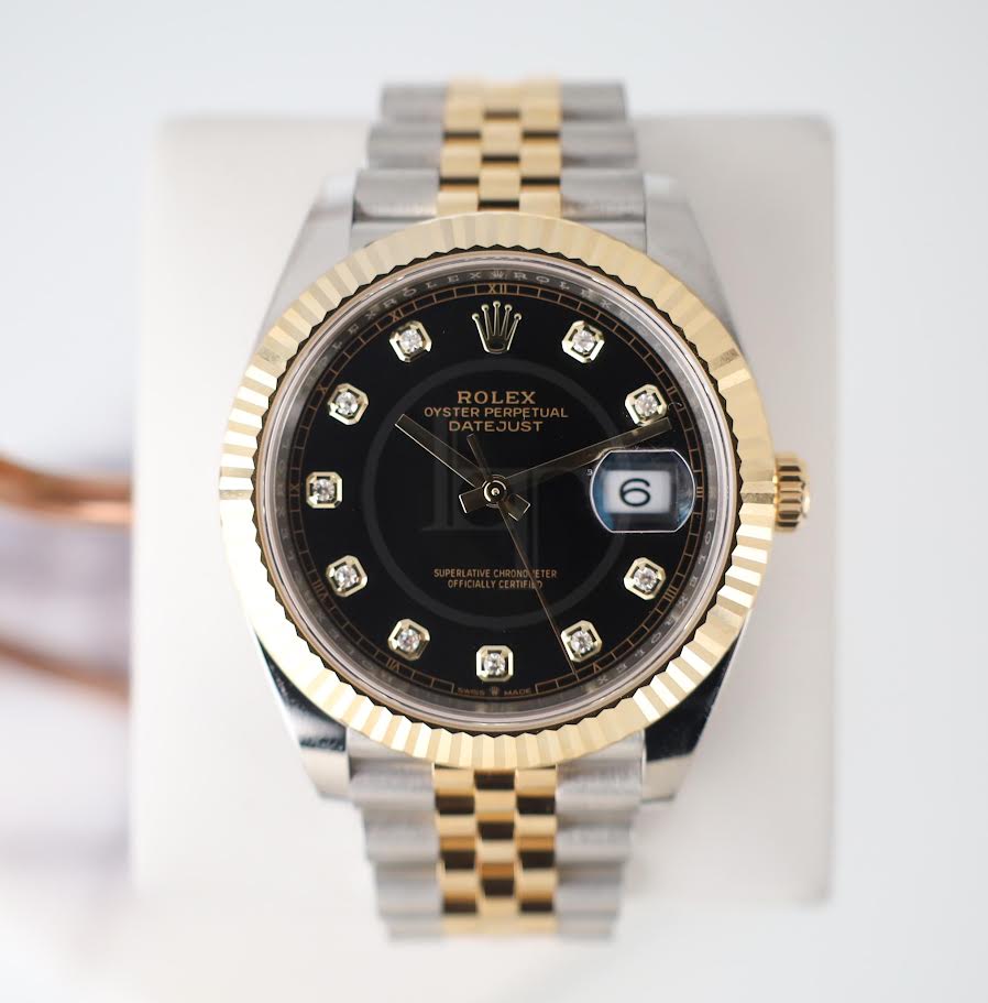 Rolex Datejust 41 Yellow Gold/Steel Black Diamond Dial Fluted Bezel Jubilee Bracelet 126333 - Luxury Time NYC