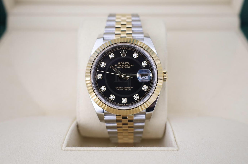 Rolex Datejust 41 Yellow Gold/Steel Black Diamond Dial Fluted Bezel Jubilee Bracelet 126333 - Luxury Time NYC