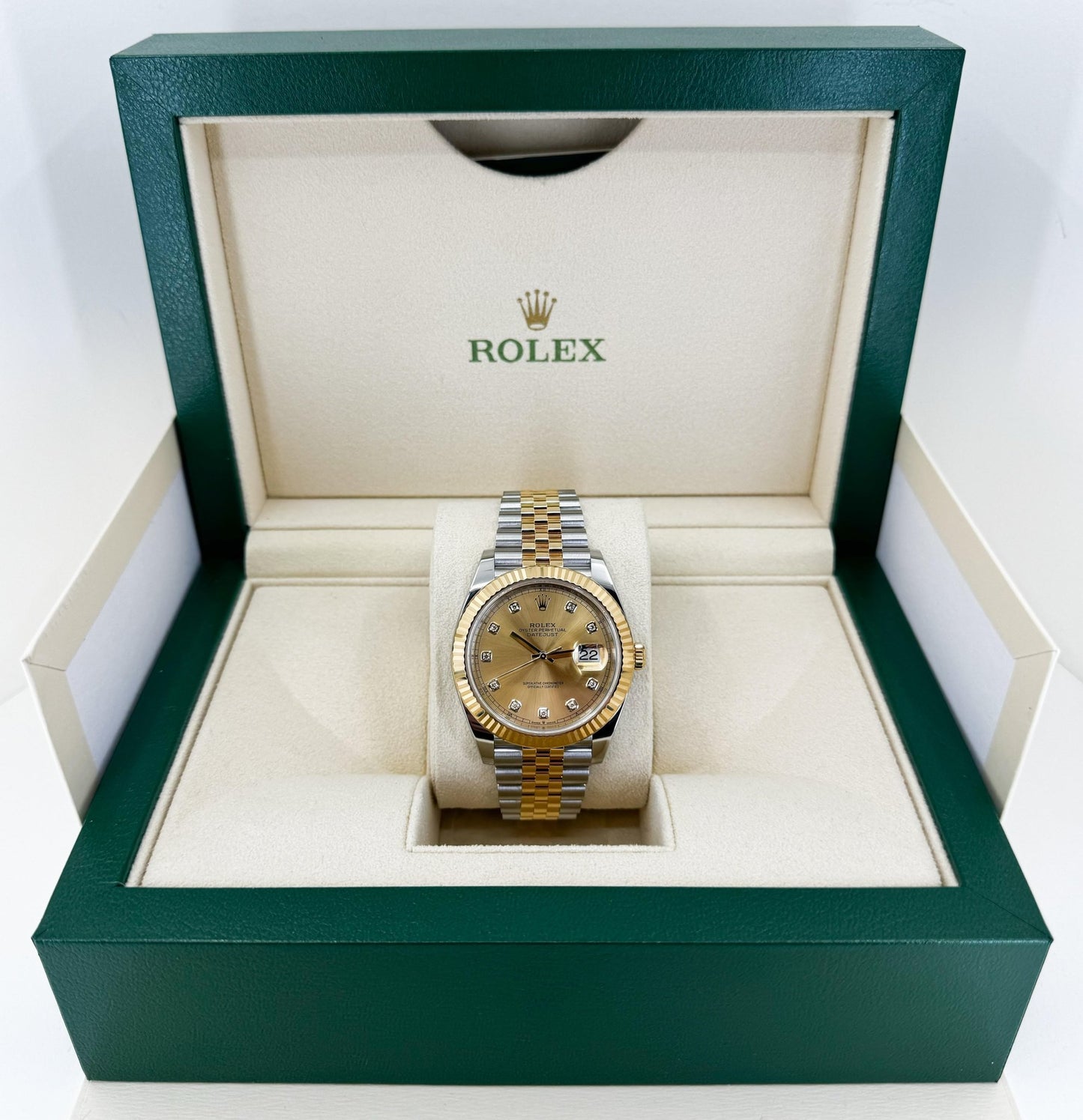 Rolex Datejust 41 Yellow Gold/Steel Champagne Diamond Dial Fluted Bezel Jubilee Bracelet 126333 - Luxury Time NYC