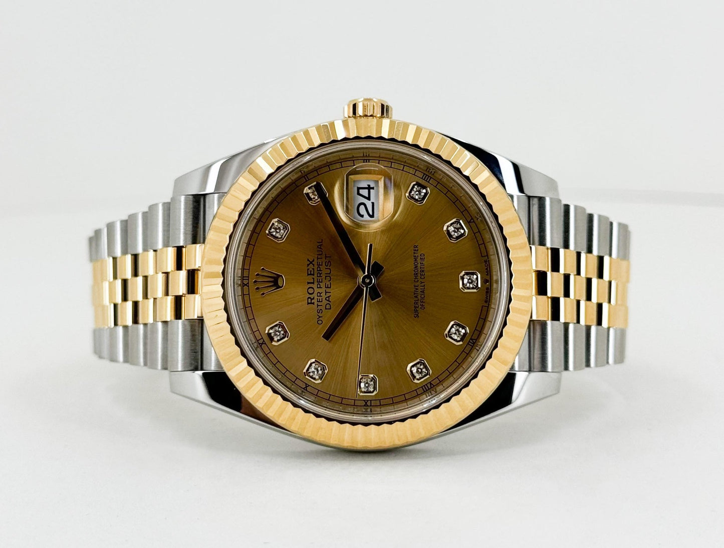 Rolex Datejust 41 Yellow Gold/Steel Champagne Diamond Dial Fluted Bezel Jubilee Bracelet 126333 - Luxury Time NYC
