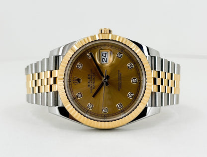 Rolex Datejust 41 Yellow Gold/Steel Champagne Diamond Dial Fluted Bezel Jubilee Bracelet 126333 - Luxury Time NYC