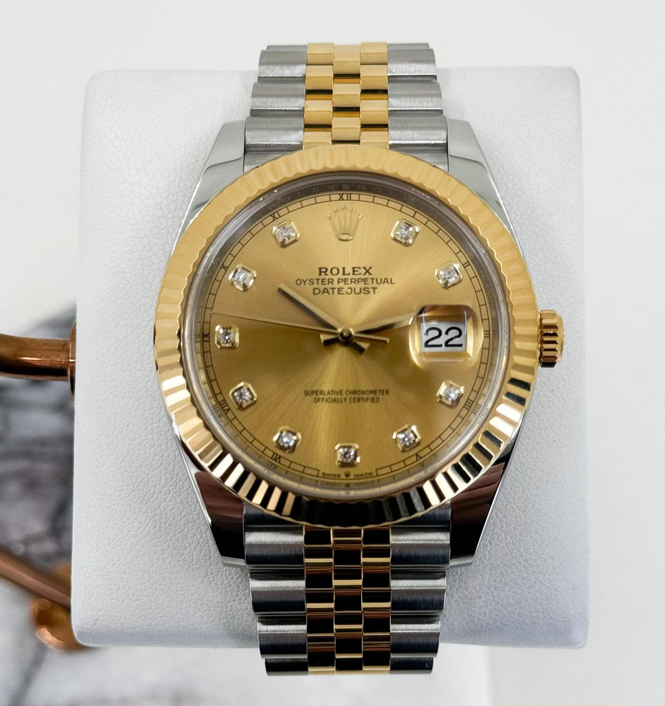 Rolex Datejust 41 Yellow Gold/Steel Champagne Diamond Dial Fluted Bezel Jubilee Bracelet 126333 - Luxury Time NYC
